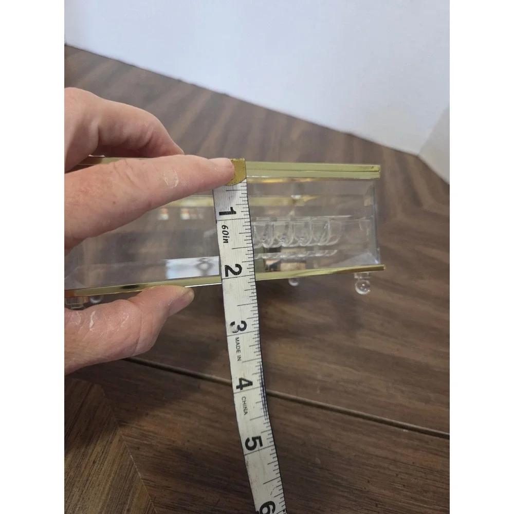 Vintage Clear Acrylic Music Jewelry Box Etched Rose Gold Tone Trim 6in